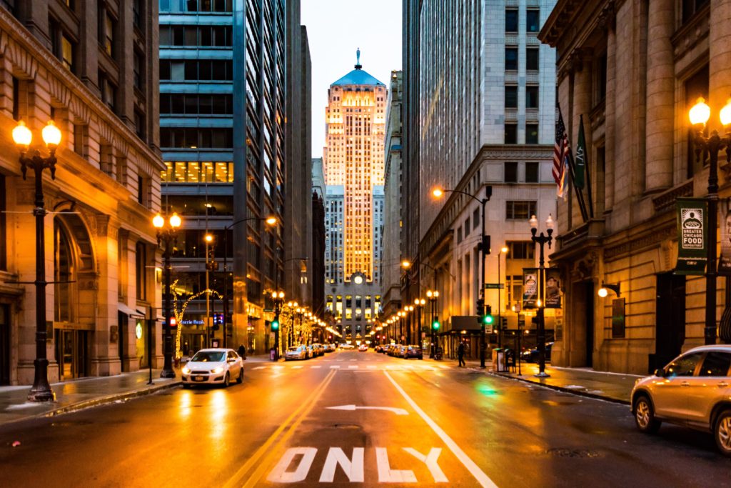 Night shot of a downtown Chicago street