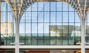 Interior view of the Harper Center with modern glass and stone architecture